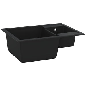 Lavello da Cucina Doppio con Foro Troppopieno-Lavandino-Lavabo Nero in Granito
