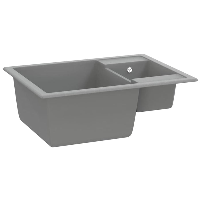 Lavello da Cucina Doppio con Foro Troppopieno-Lavandino-Lavabo Grigio in Granito