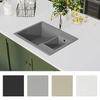 Lavello da Cucina Doppio con Foro Troppopieno-Lavandino-Lavabo Grigio in Granito