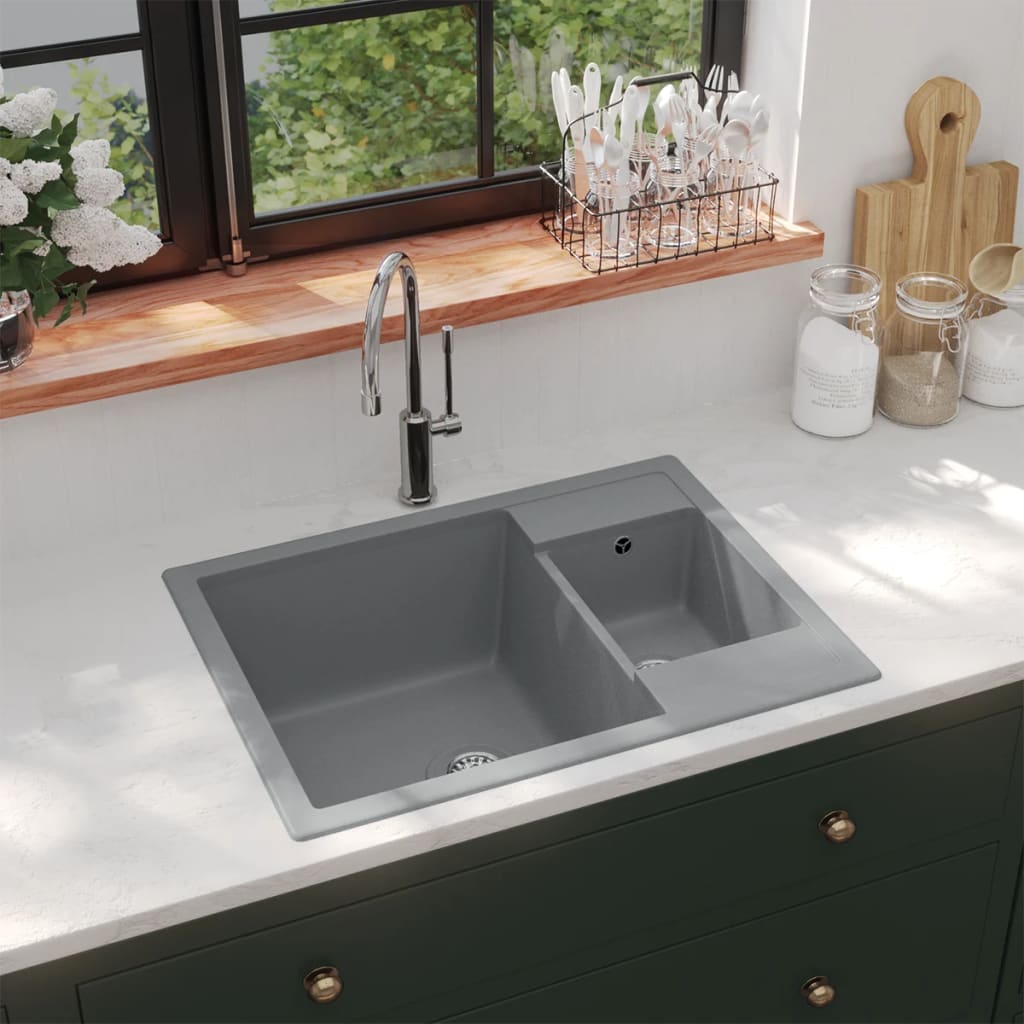 Lavello da Cucina Doppio con Foro Troppopieno-Lavandino-Lavabo Grigio in Granito