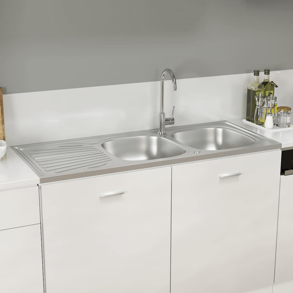 Lavello da Cucina Doppia Vasca-Lavandino-Lavabo Argento 1200x600x155 mm Acciaio