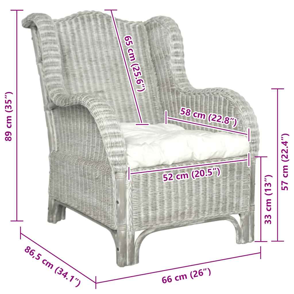 Poltrona con Cuscino Grigio in Rattan Naturale e Lino 325464