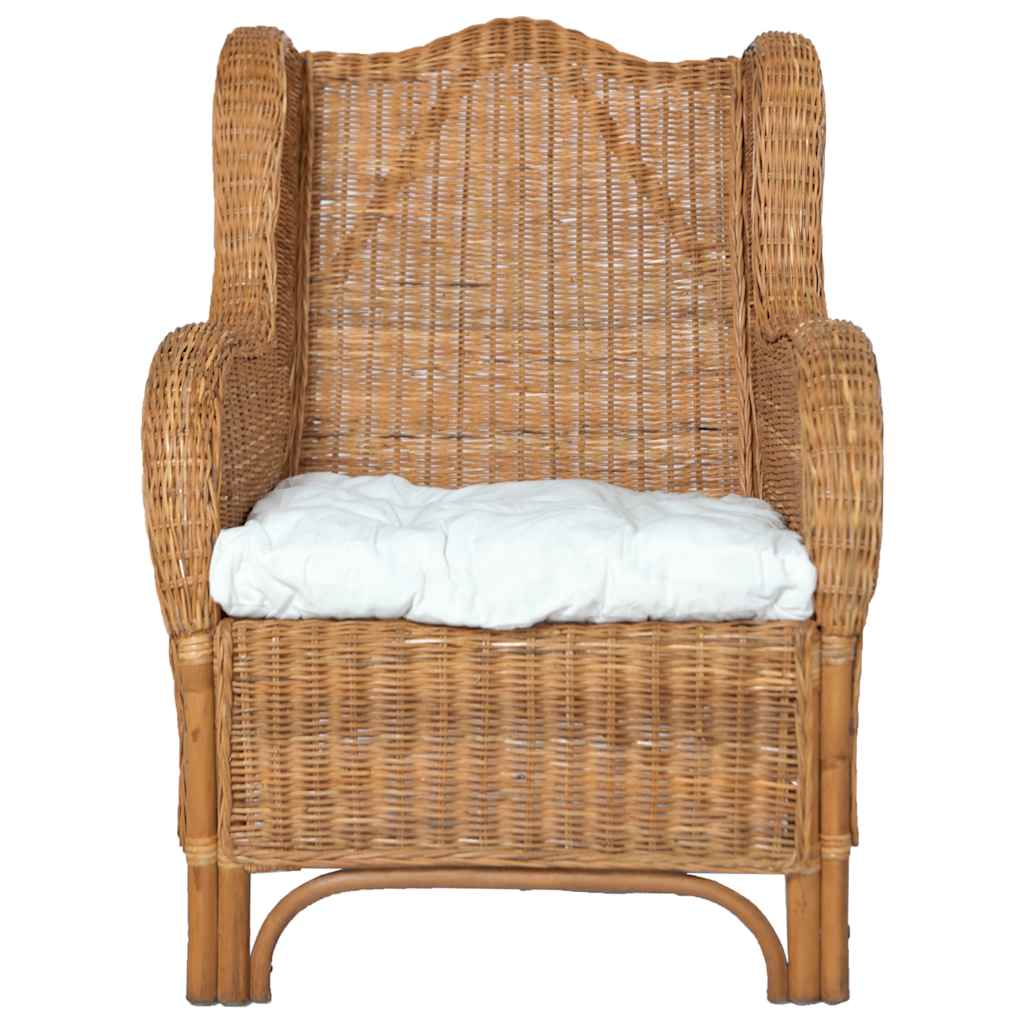 Poltrona con Cuscino Marrone Chiaro in Rattan Naturale e Lino