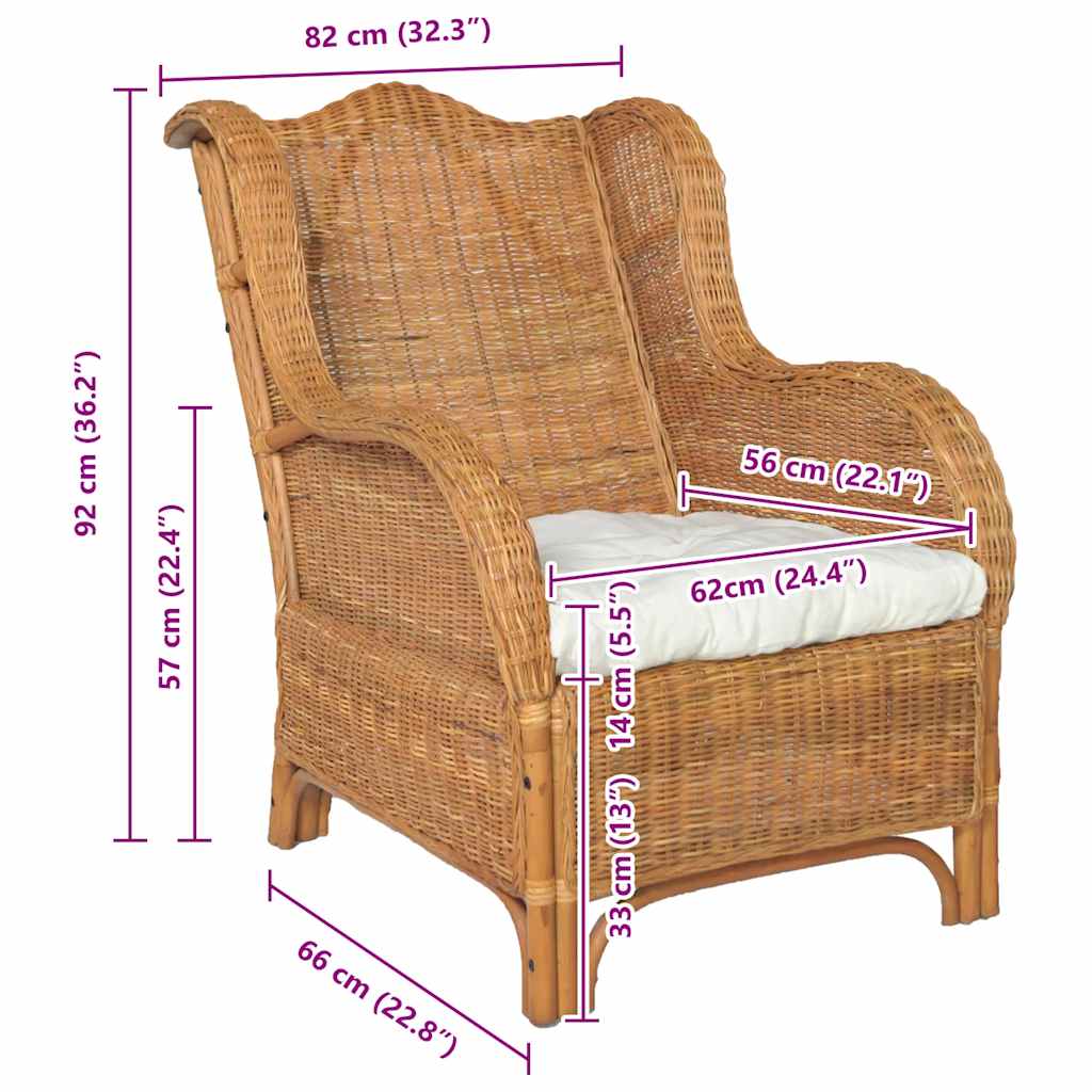 Poltrona con Cuscino Marrone Chiaro in Rattan Naturale e Lino