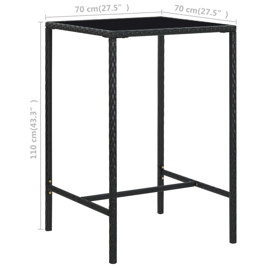 Tavolo da Bar da Giardino Nero 70x70x110 cm Polyrattan e Vetro 313458