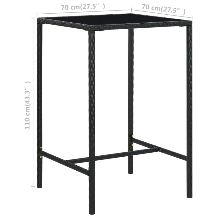 Tavolo da Bar da Giardino Nero 70x70x110 cm Polyrattan e Vetro 313458