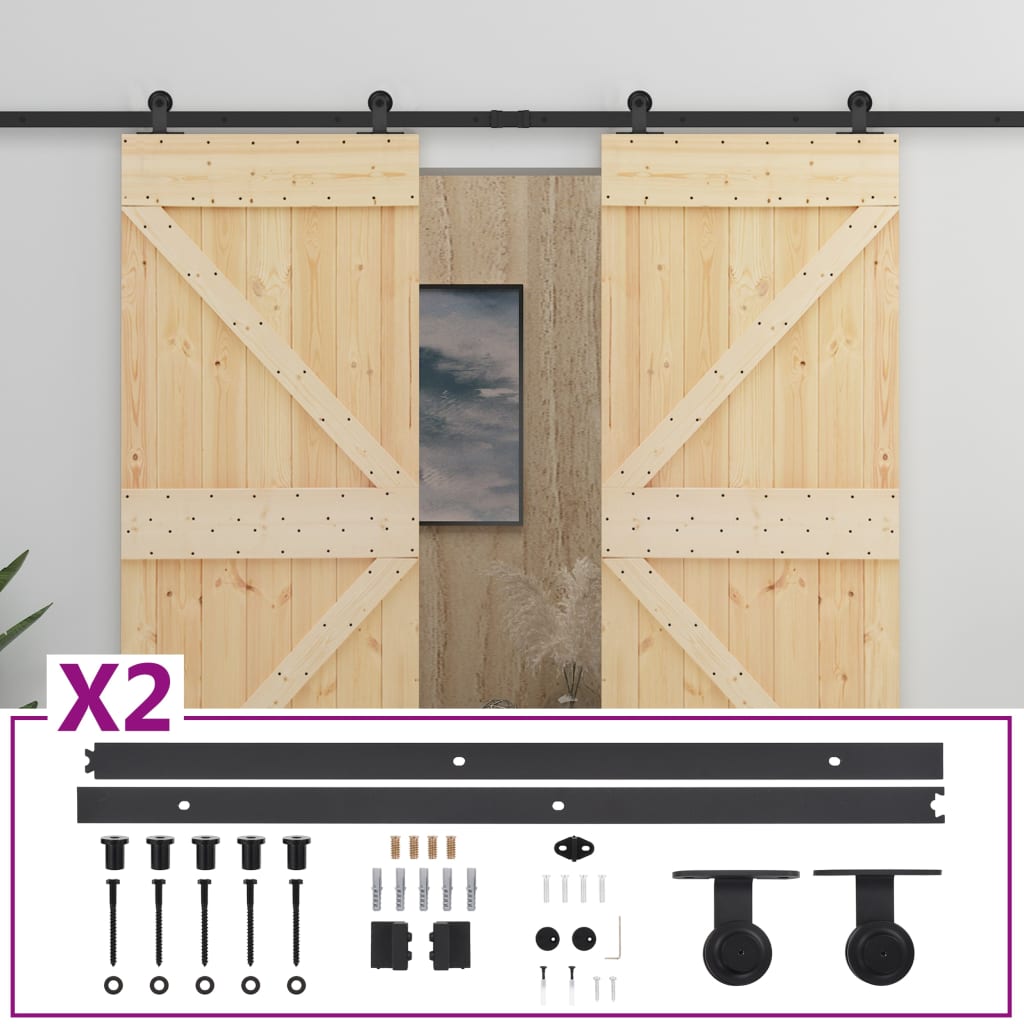 Porta Scorrevole con Set Hardware 90x210 cm in Legno di Pino