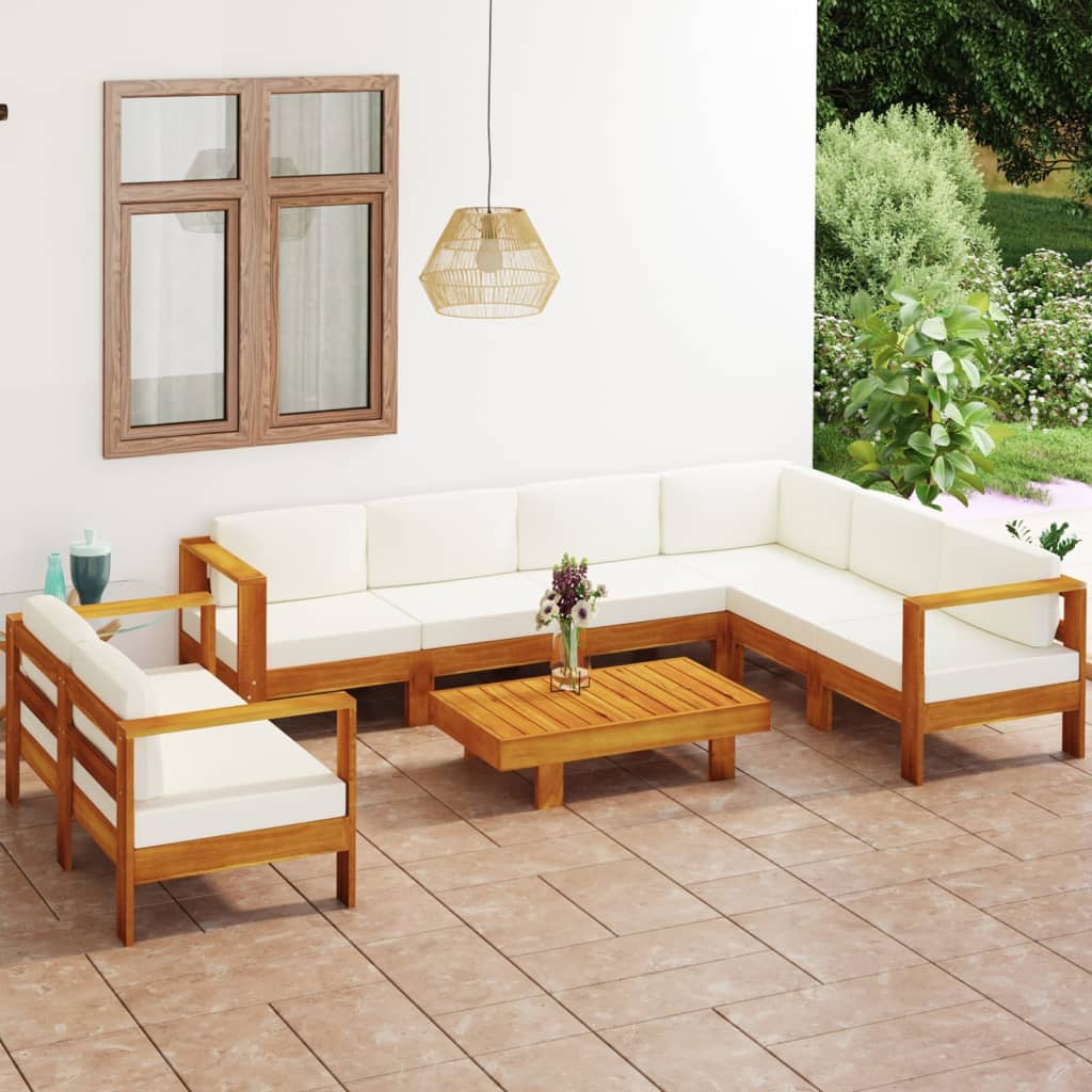 Set Divani Giardino 8 pz Cuscini Bianco Crema in Legno d'Acacia 3057939