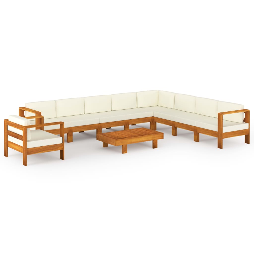 Set Divani Giardino 10 pz Cuscini Bianco Crema Legno d'Acacia 3057944