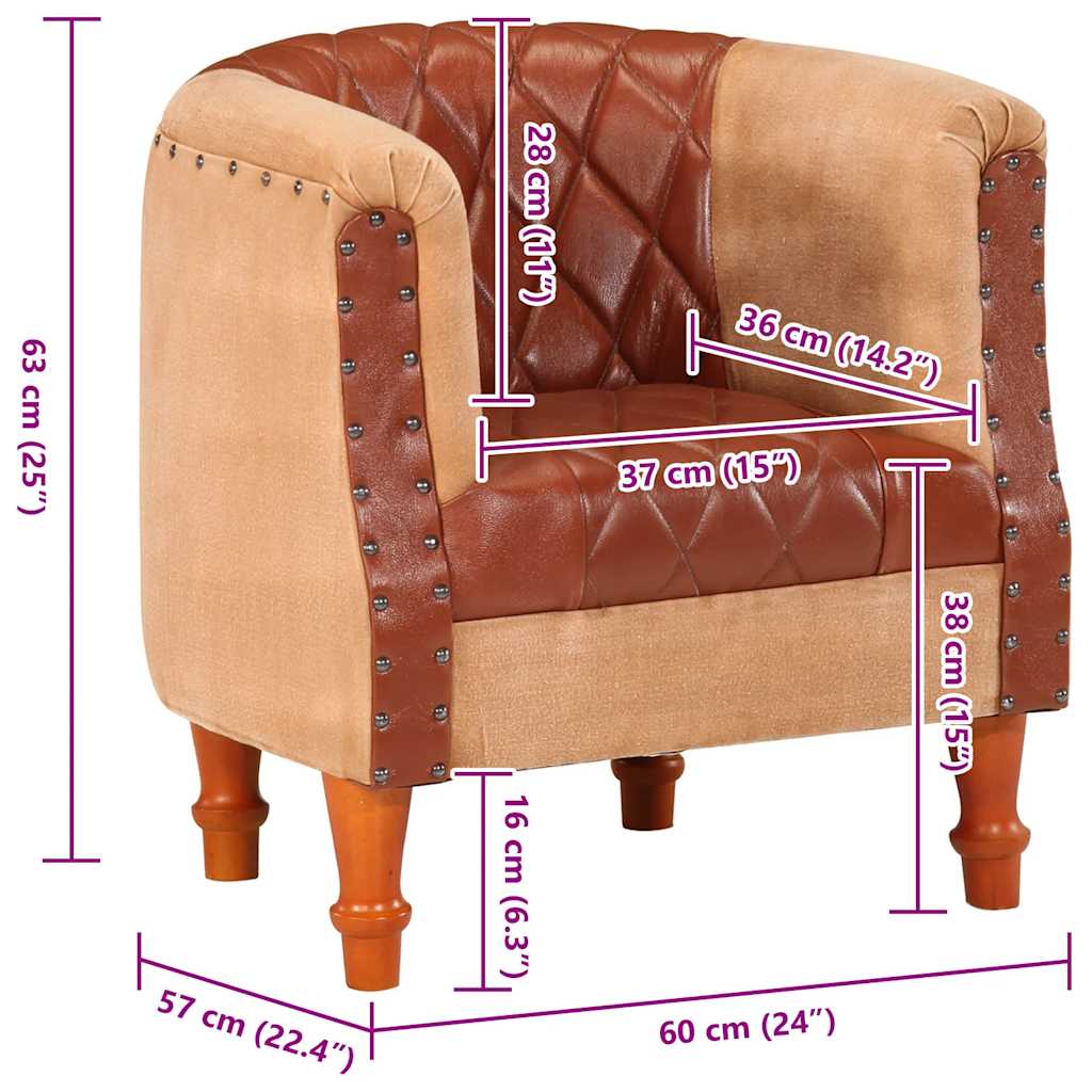 Poltrona a Pozzetto Marrone Vera Pelle e Legno Massello Mango 320603