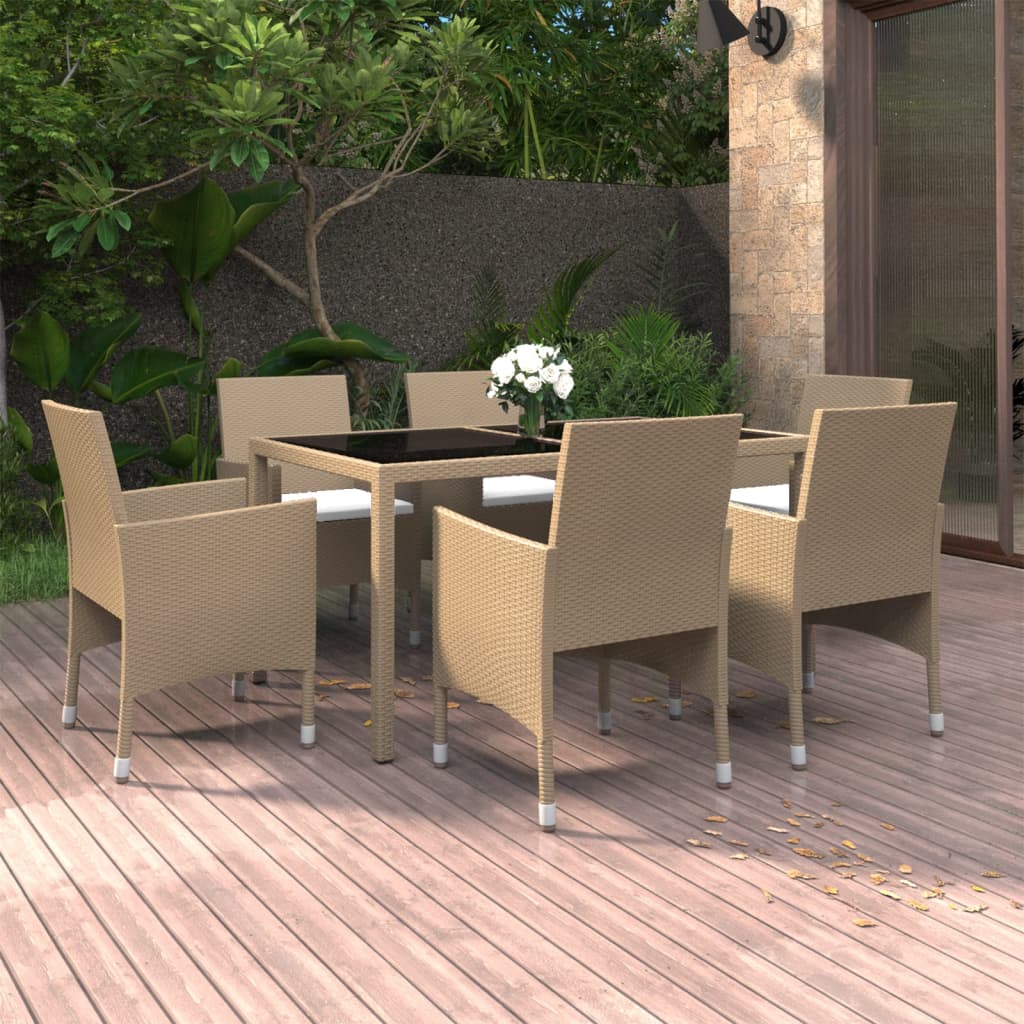 Set da Pranzo Giardino 7 pz Polyrattan e Vetro Temperato Beige 3058430