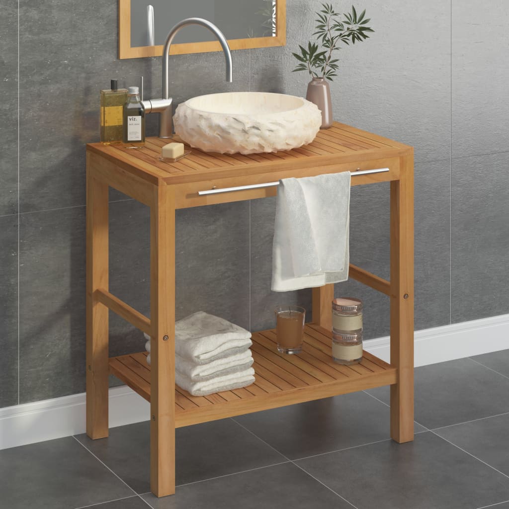 Armadietto da Bagno in Legno di Teak con Lavabo in Marmo Crema 3058164
