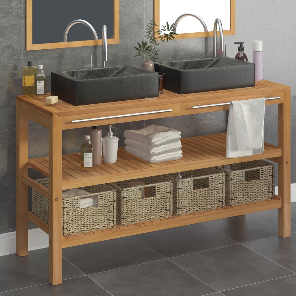 Armadietto da Bagno in Legno di Teak con Lavabi in Marmo Nero 3058180