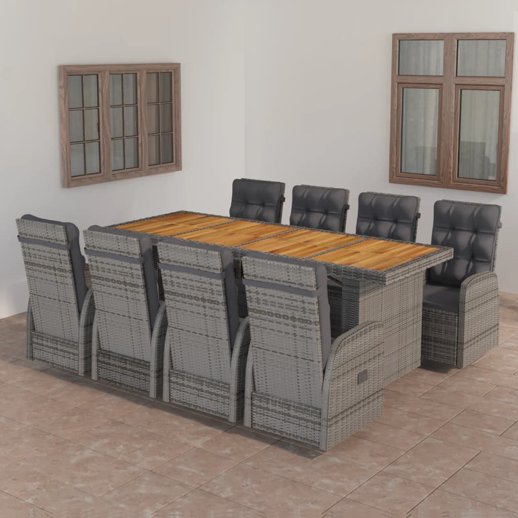 Set da Pranzo da Esterno 9 pz con Cuscini in Polyrattan Grigio 3059341