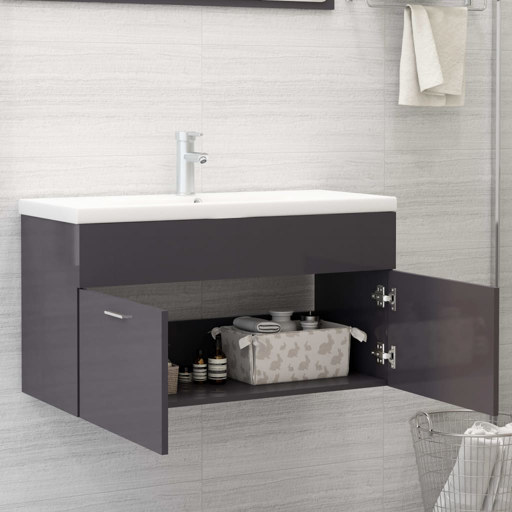 Mobile Lavabo-Armadietto da bagno Grigio Lucido 90x38,5x46 cm in Legno Multistrato