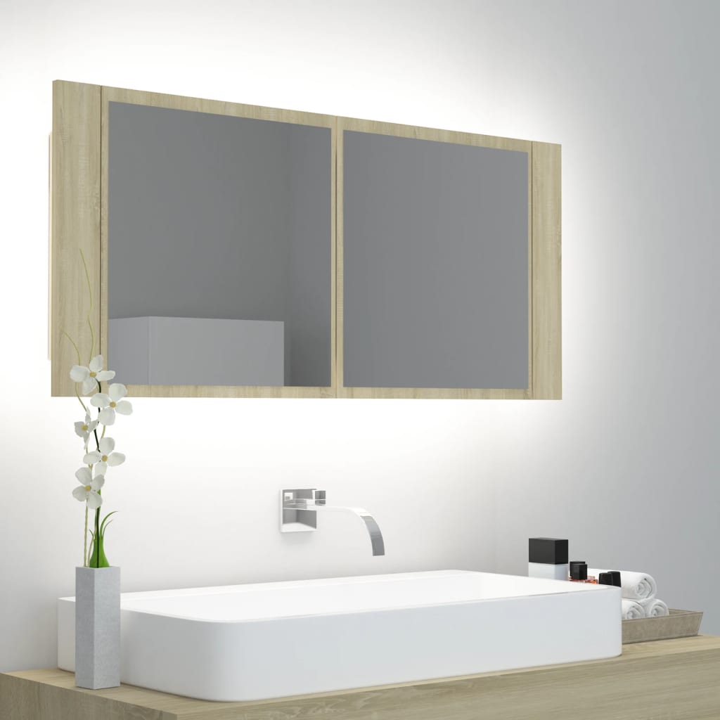 Armadietto a Specchio con Luci LED-Mobile con specchio Rovere Sonoma in Acrilico 163182