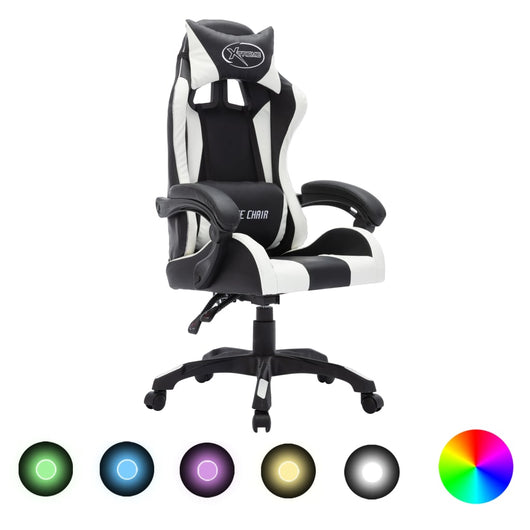 Poltroncina sedia girevole per computer ufficio studio videogiochi con led RGB e similpelle bianca 02_0024197
