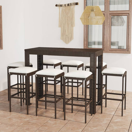 Set da Bar da Giardino 9 pz con Cuscini in Polyrattan Marrone 3064789