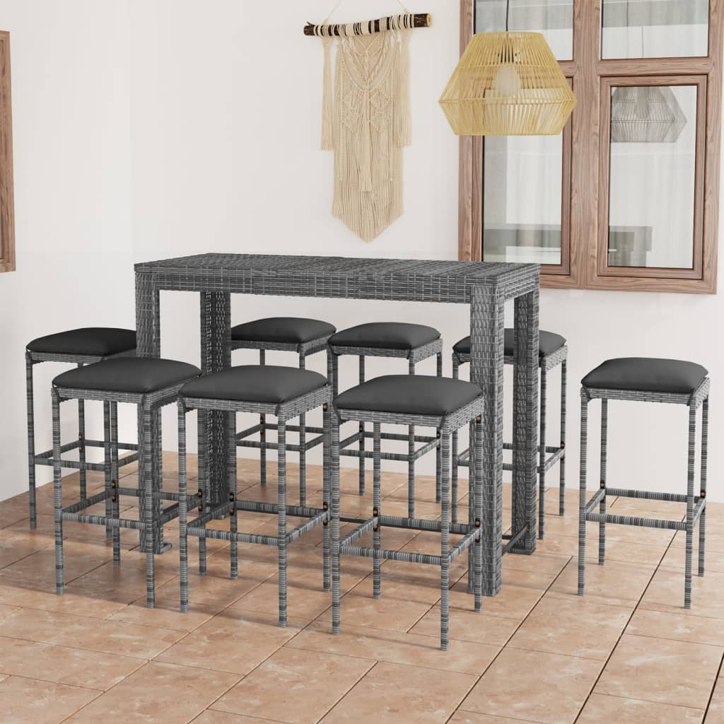 Set da Bar da Giardino 9 pz con Cuscini in Polyrattan Grigio cod mxl 34866