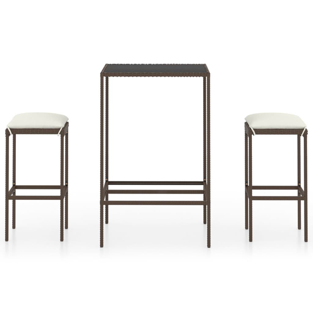 Mobile bar da giardino in 3 pezzi e cuscini in resina intrecciata marrone 02_0014499