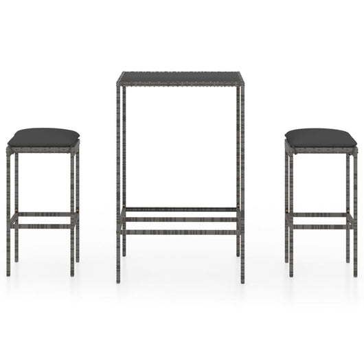 Set Bar da Giardino 3 pz con Cuscini in Polyrattan Grigio