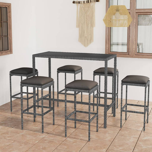 Set da Bar da Giardino 7 pz con Cuscini in Polyrattan Grigio 3064824