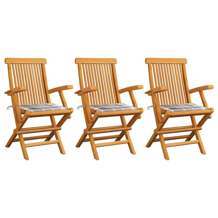 Sedie Giardino Cuscini Motivo Quadri Grigio 3pz Massello Teak