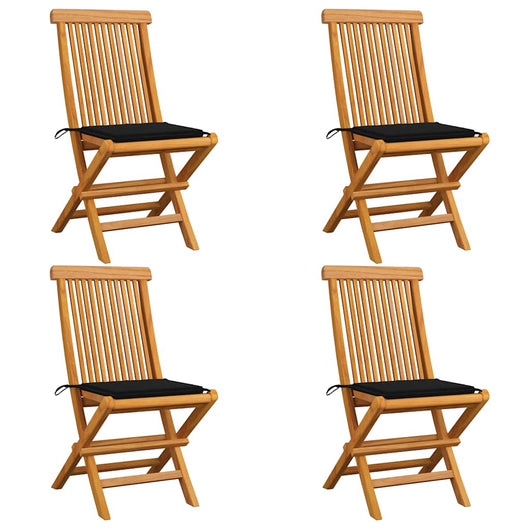 Sedie da Giardino con Cuscini Neri 4 pz Massello di Teak