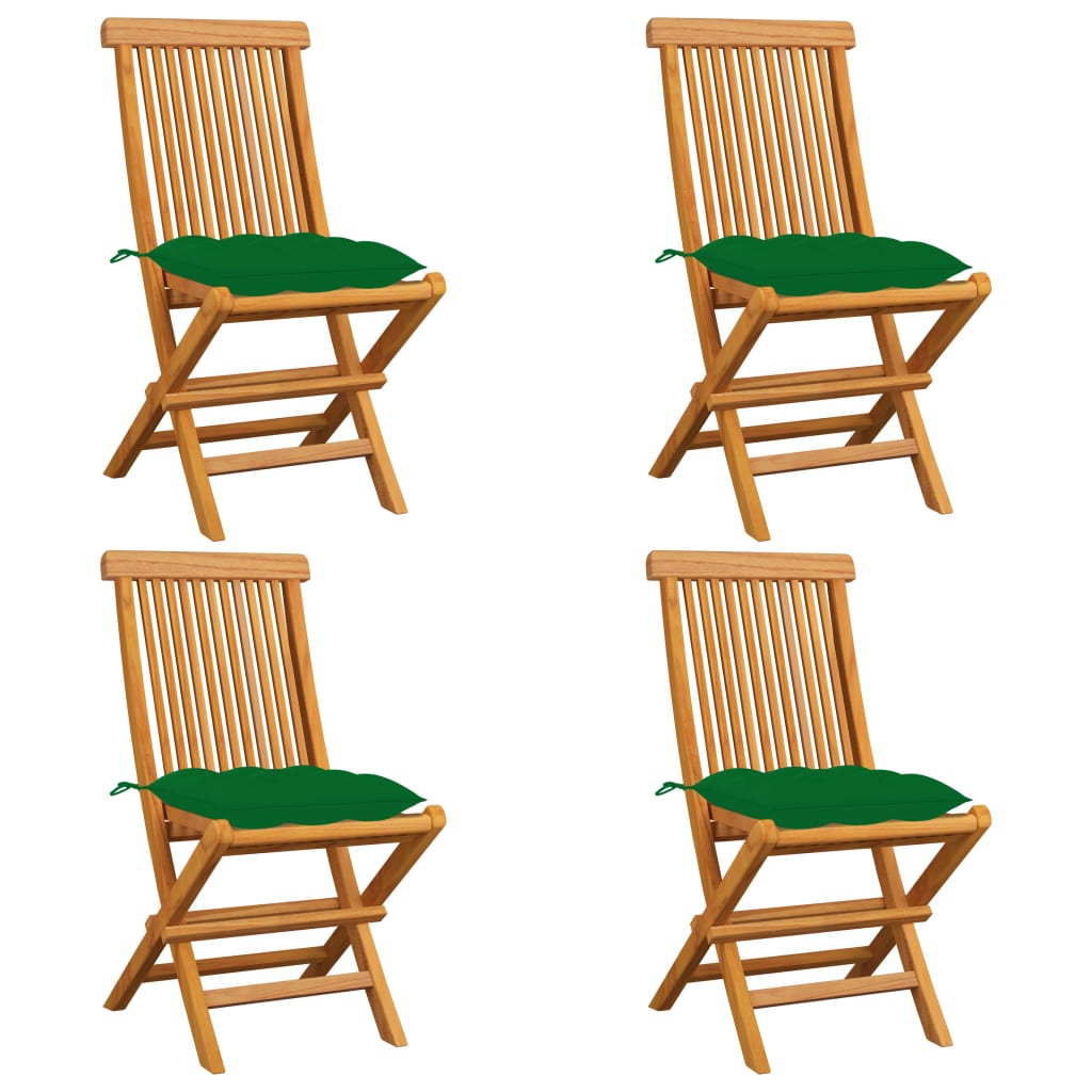 Sedie da Giardino con Cuscini Verdi 4 pz in Massello di Teak