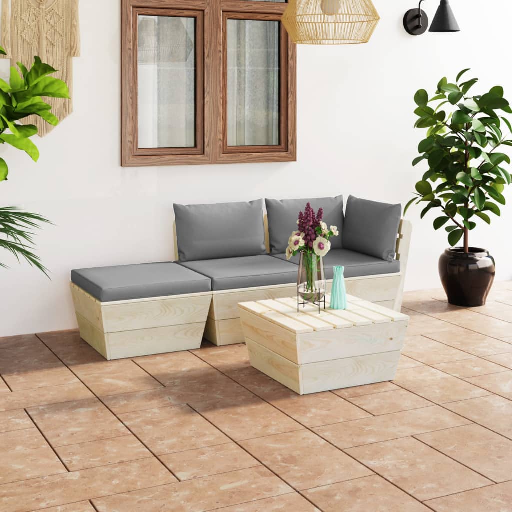 Set Divani da Giardino su Pallet 4 pz con Cuscini Legno Abete 3063433