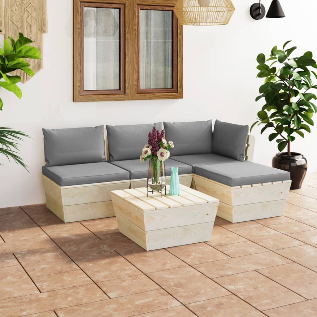 Set Divani da Giardino su Pallet 5 pz con Cuscini Legno Abete 3063457