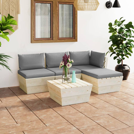 Set Divani da Giardino su Pallet 5 pz con Cuscini Legno Abete 3063457