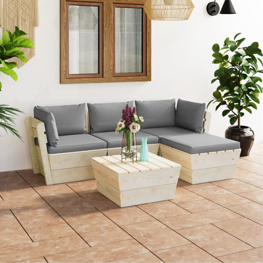 Set Divani da Giardino su Pallet 5 pz con Cuscini Legno Abete 3063469