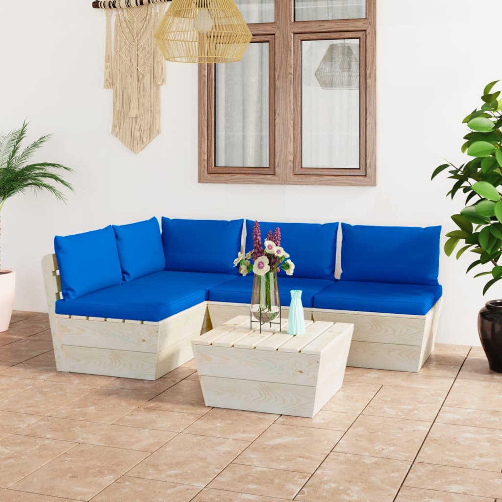 Set Divani da Giardino su Pallet 5 pz con Cuscini Legno Abete 3063490