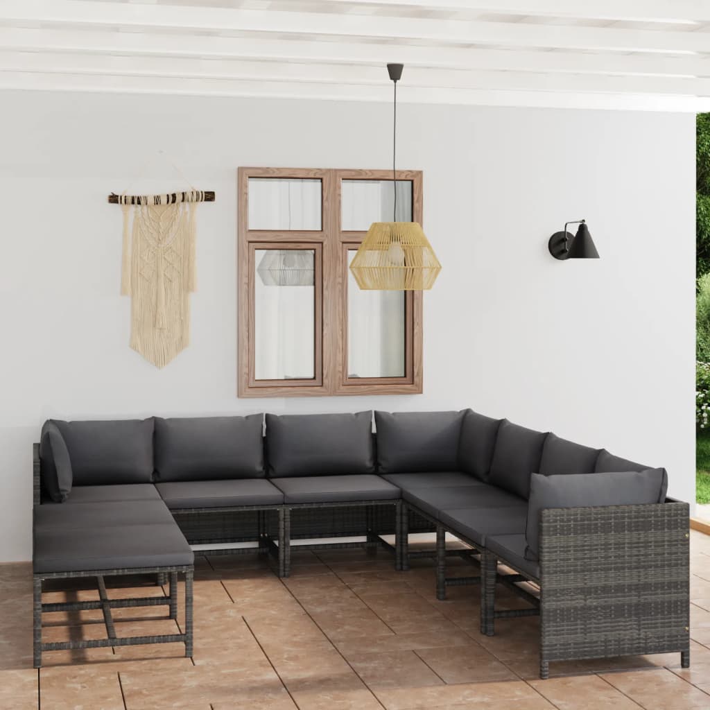 Set Divani da Giardino 9 pz con Cuscini in Polyrattan Grigio 3059773