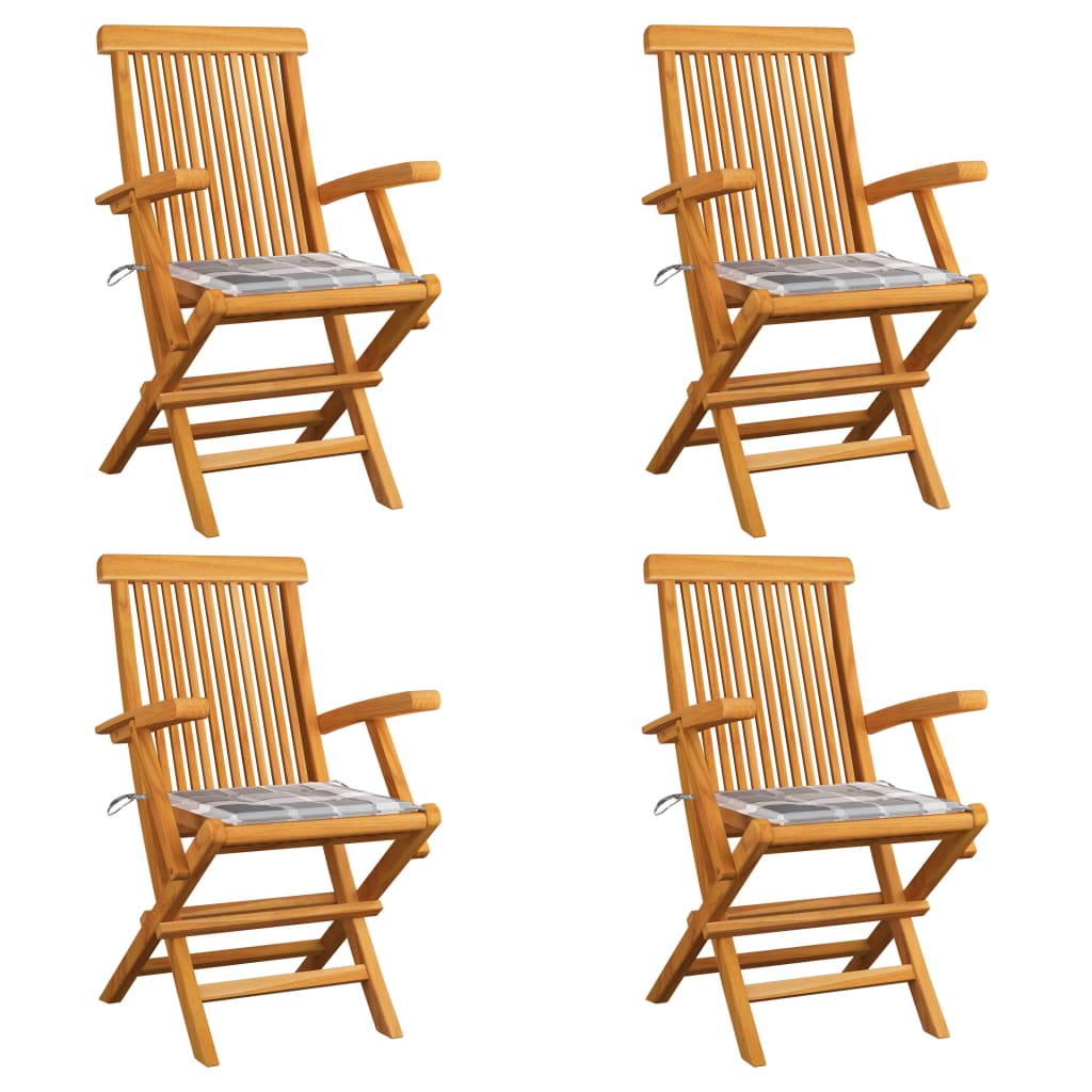 Sedie Giardino Cuscini Motivo Quadri Grigio 4pz Massello Teak