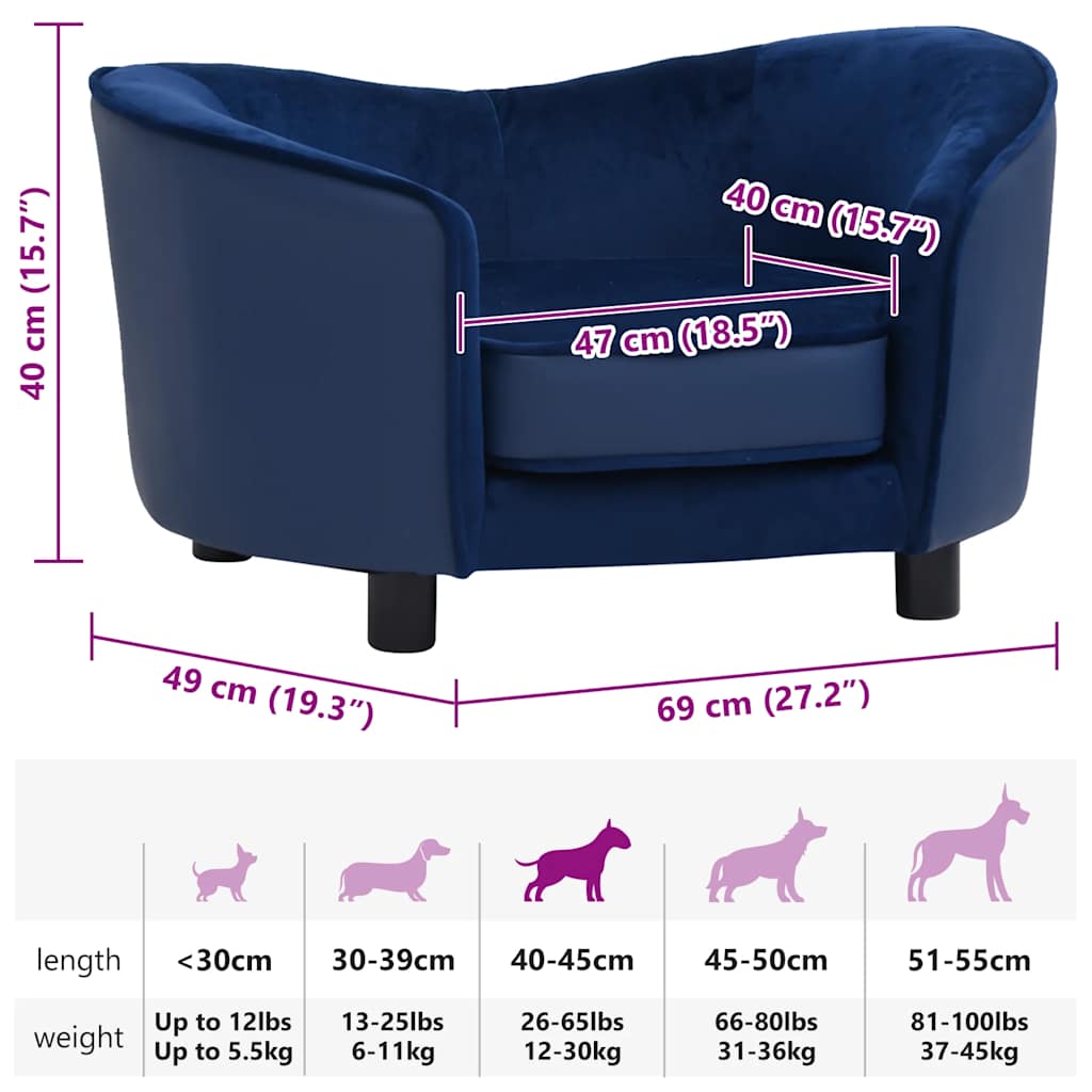 vidaXL Divano per Cani Blu 69x49x40 cm in Peluche e Similpelle