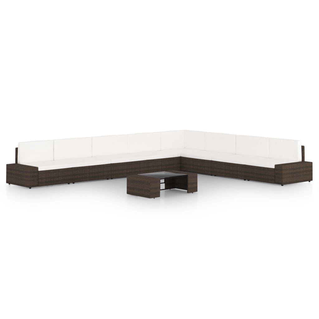 Set di mobili da giardino mobili da esterno 9 pezzi con cuscini in resina marrone e vimini 02_0018056
