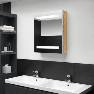 Armadietto Bagno con Specchio e LED Bianco e Rovere 50x14x60 cm