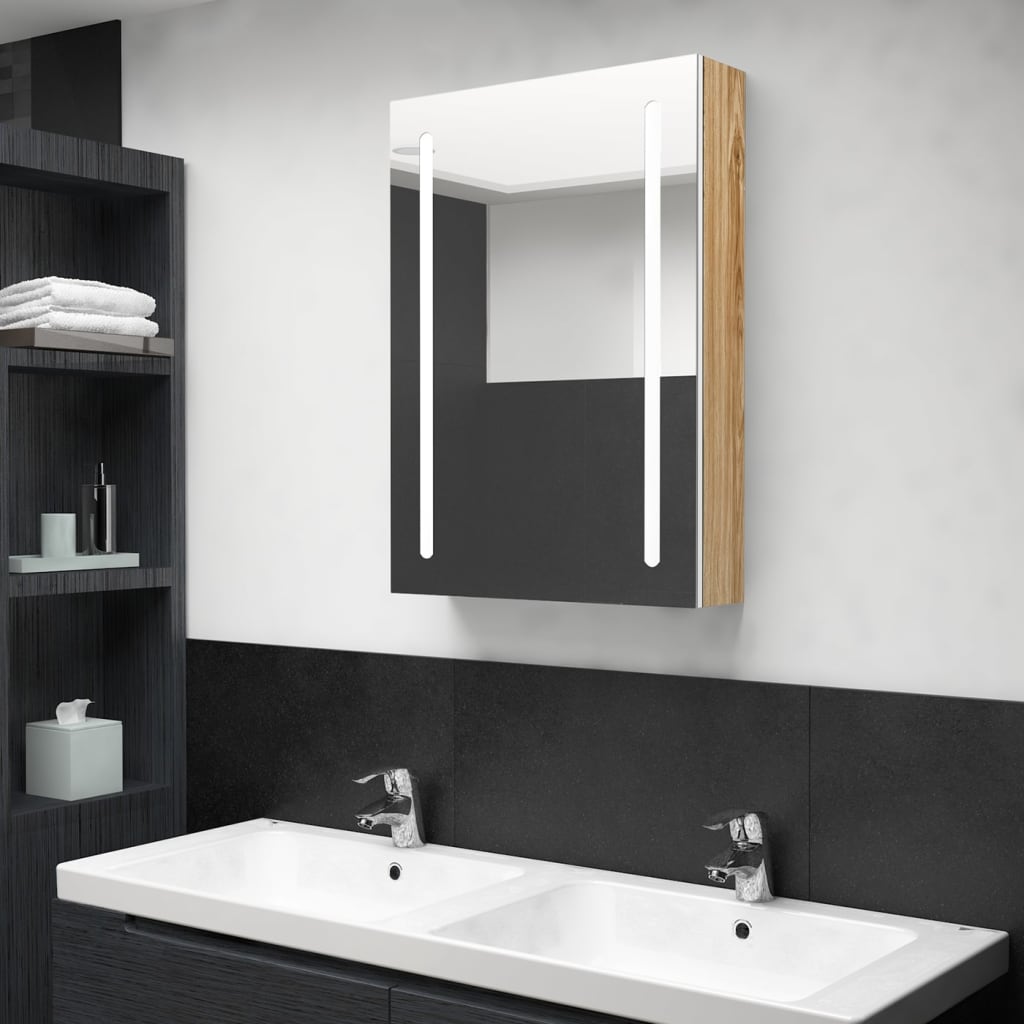 Armadietto Bagno con Specchio e LED-Mobile bagno con specchio Bianco e Rovere 50x13x70 cm 866792