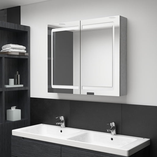 Armadietto Bagno con Specchio e LED-Mobile bagno con specchio Grigio Cemento 80x12x68 cm