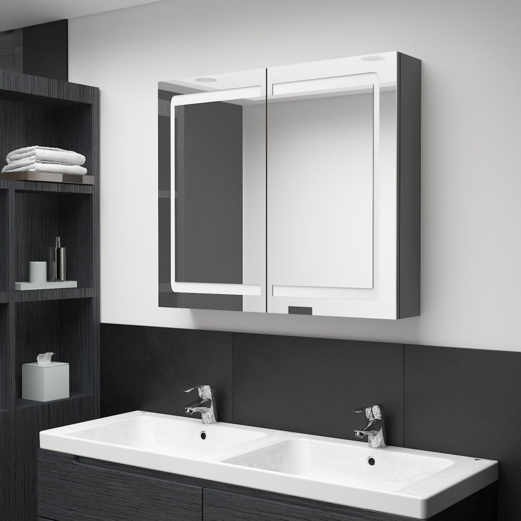 Armadietto Bagno con Specchio e LED-Mobile bagno con specchio Grigio 80x12x68 cm