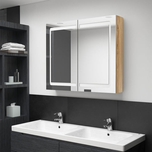 Armadietto Bagno con Specchio e LED Rovere 80x12x68 cmcod mxl 130119