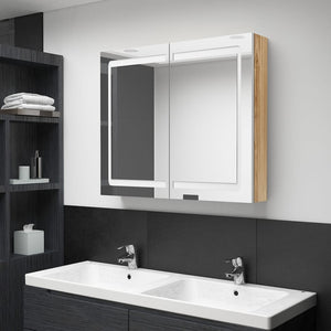 Armadietto Bagno con Specchio e LED Bianco e Rovere 80x12x68 cm 326516