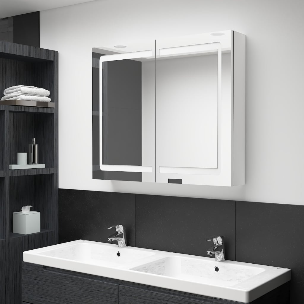 Armadietto Bagno con Specchio e LED Bianco Lucido 80x12x68 cm 326517