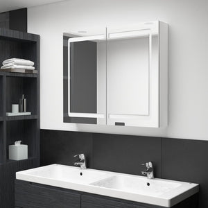 Armadietto Bagno con Specchio e LED Bianco Lucido 80x12x68 cm 326517