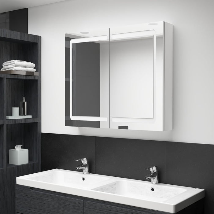 Armadietto Bagno con Specchio e LED Bianco Lucido 80x12x68 cm 326517