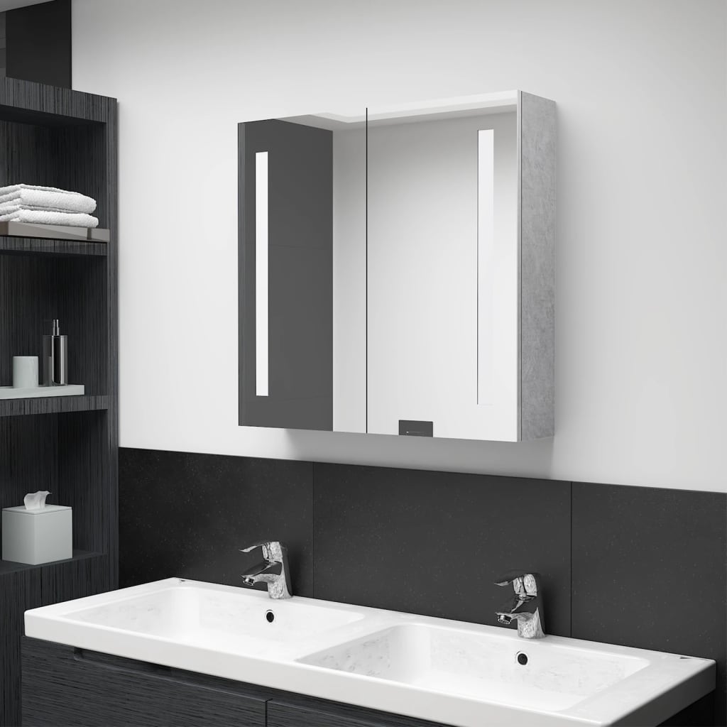 Armadietto Bagno con Specchio e LED-Mobile bagno con specchio Grigio Cemento 62x14x60 cm