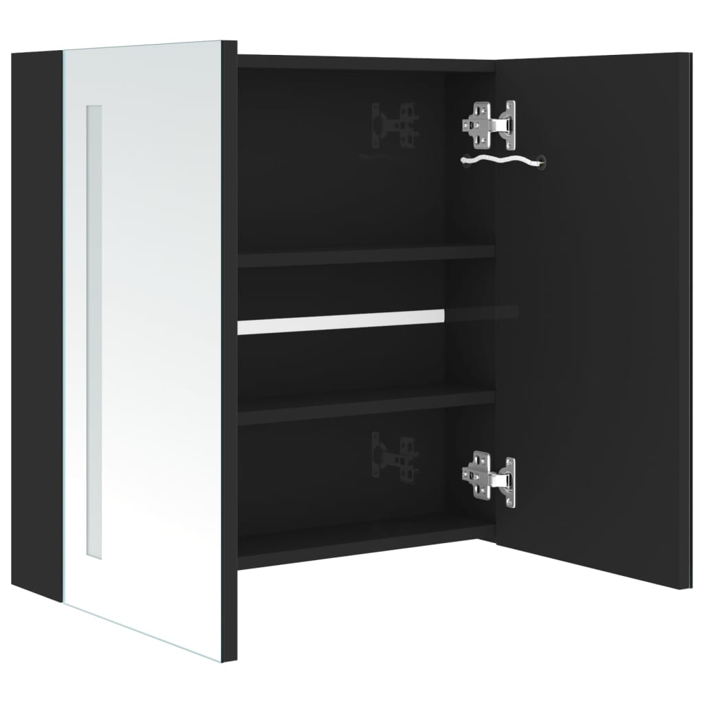 Armadietto Bagno con Specchio e LED-Mobiletto a specchio Nero Lucido 62x14x60 cm