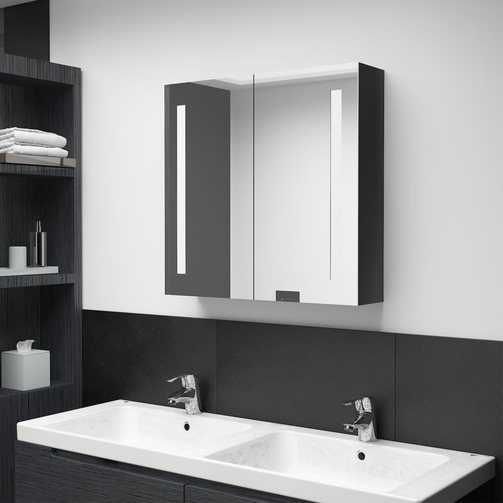 Armadietto Bagno con Specchio e LED Nero Lucido 62x14x60 cm 326519